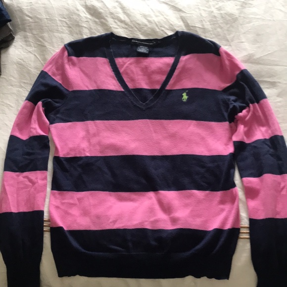 Polo Ralph Lauren Sport V Neck Sweater in Pink and Blue Horizontal Stripes. - Picture 1 of 6